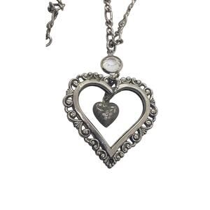 Vintage Puffy Heart Necklace Silver Filigree Ornate Openwork Swarovski Crystal